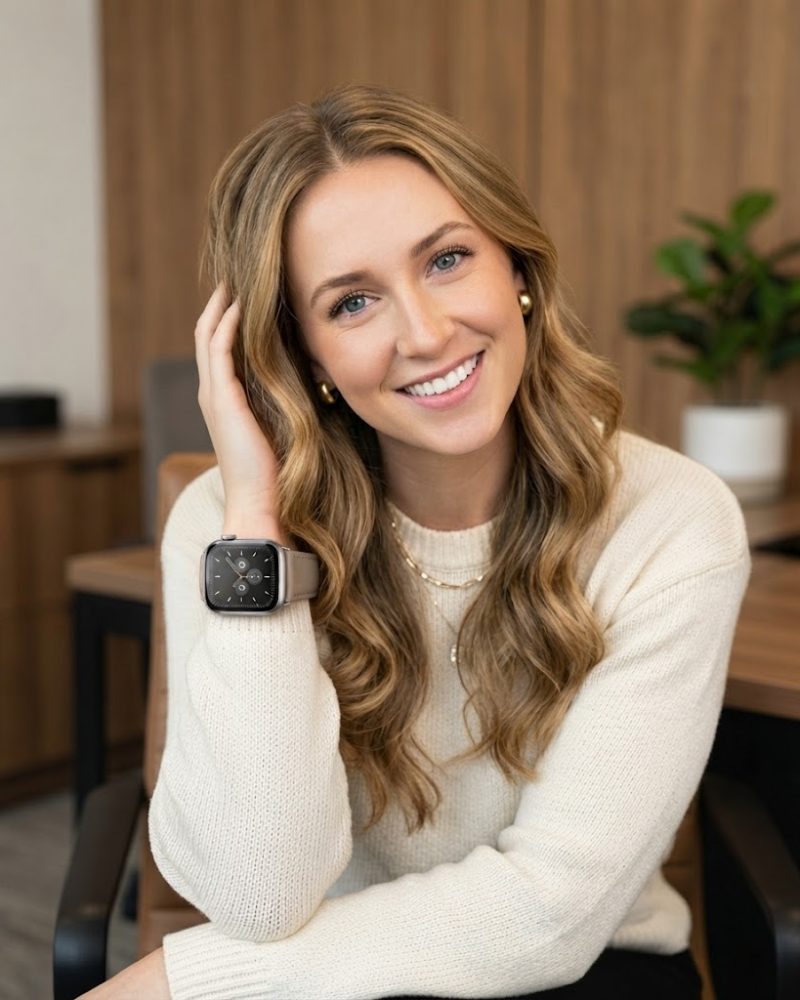 Model wearing Ally Leather Strap – Apricot Apple Watch Band, Fits 38-49mm Apple Watch band