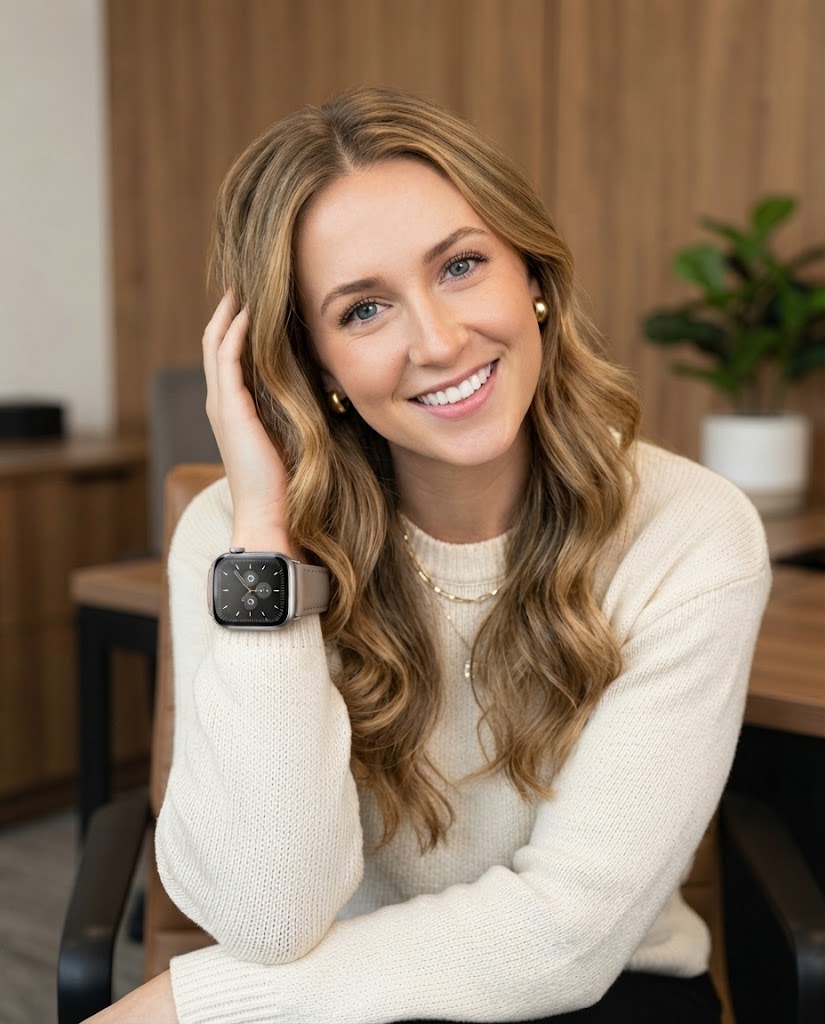 Model wearing Ally Leather Strap – Apricot Apple Watch Band, Fits 38-49mm Apple Watch band