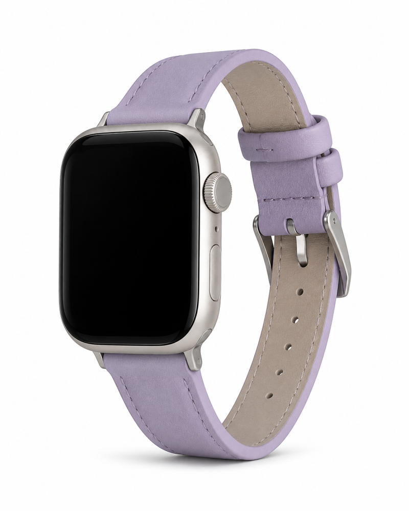 Apple Watch with violet leather strap and silver stainless steel case band