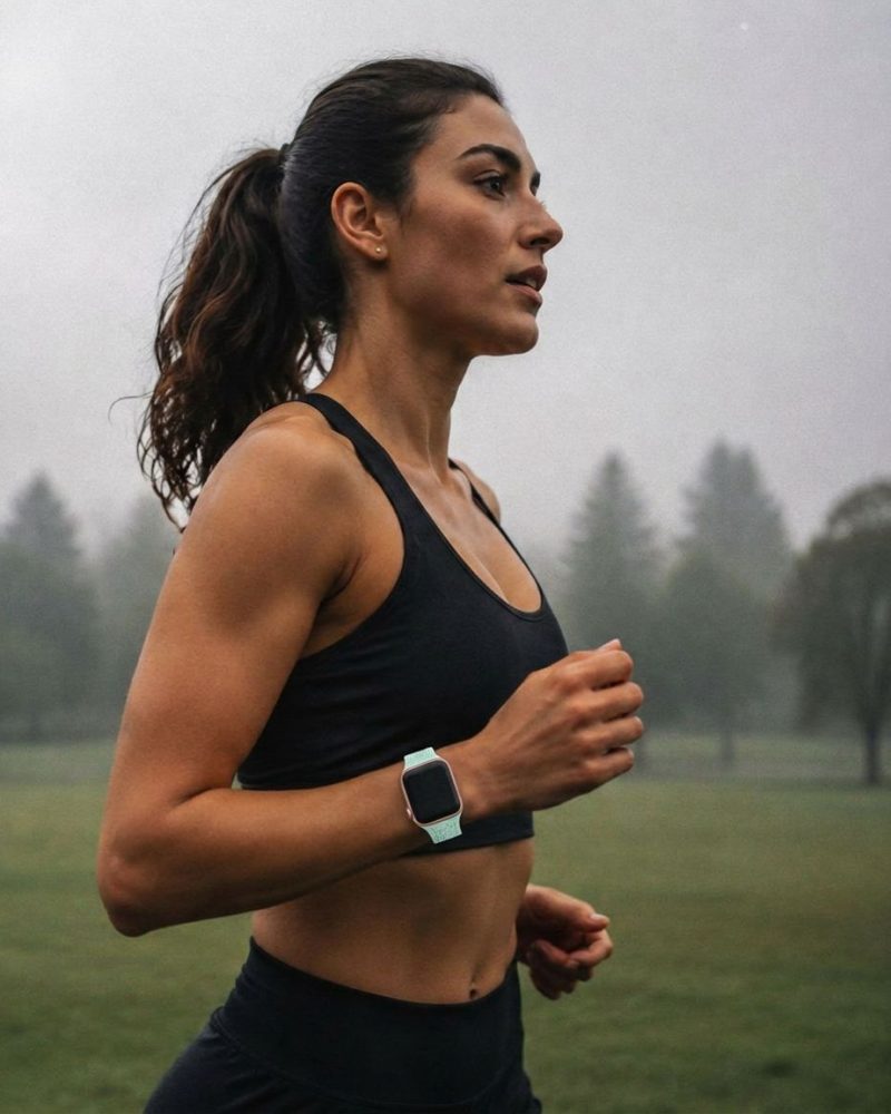 Model wearing FloraFit Sport – Light Green Apple Watch band