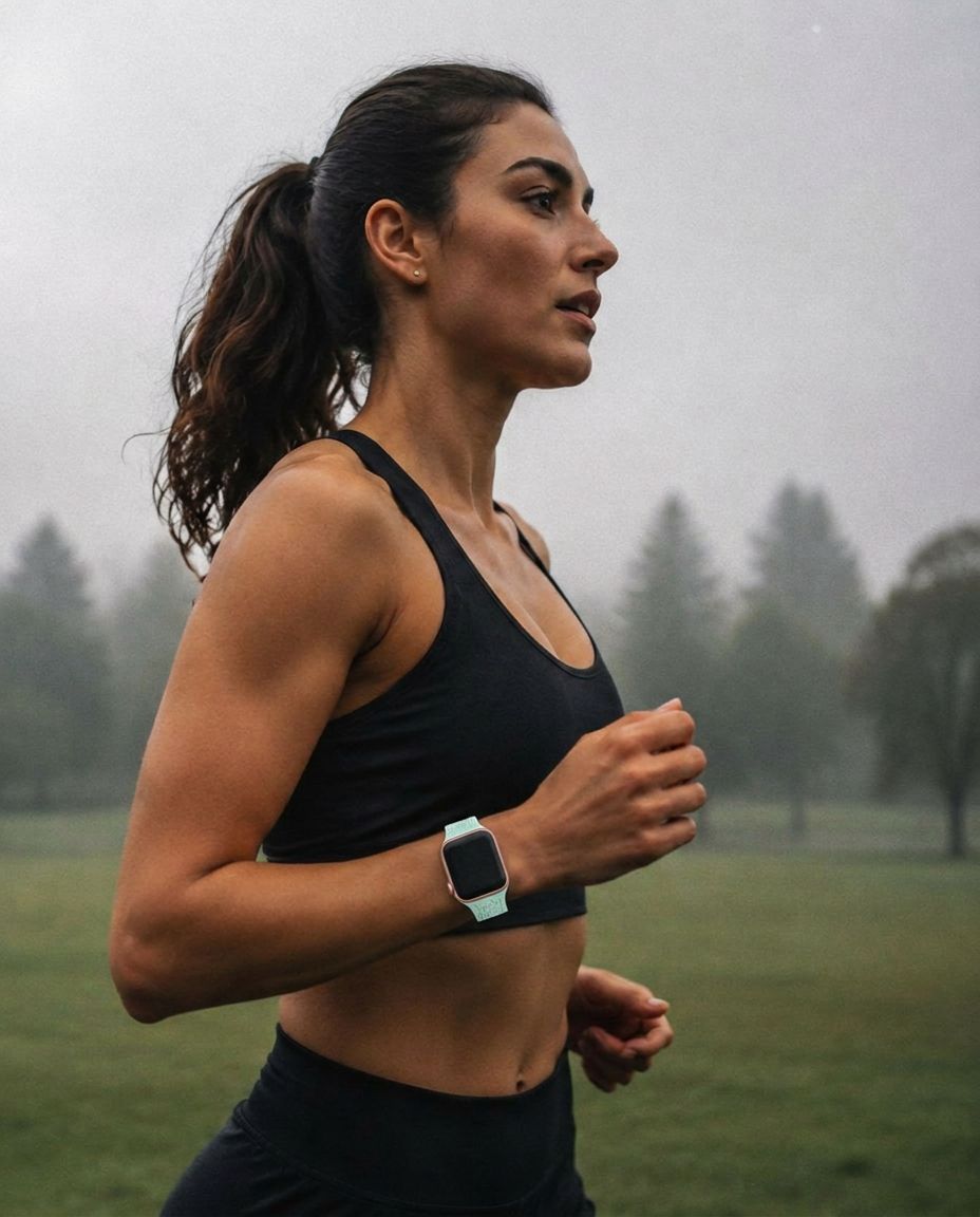 Model wearing FloraFit Sport – Light Green Apple Watch band