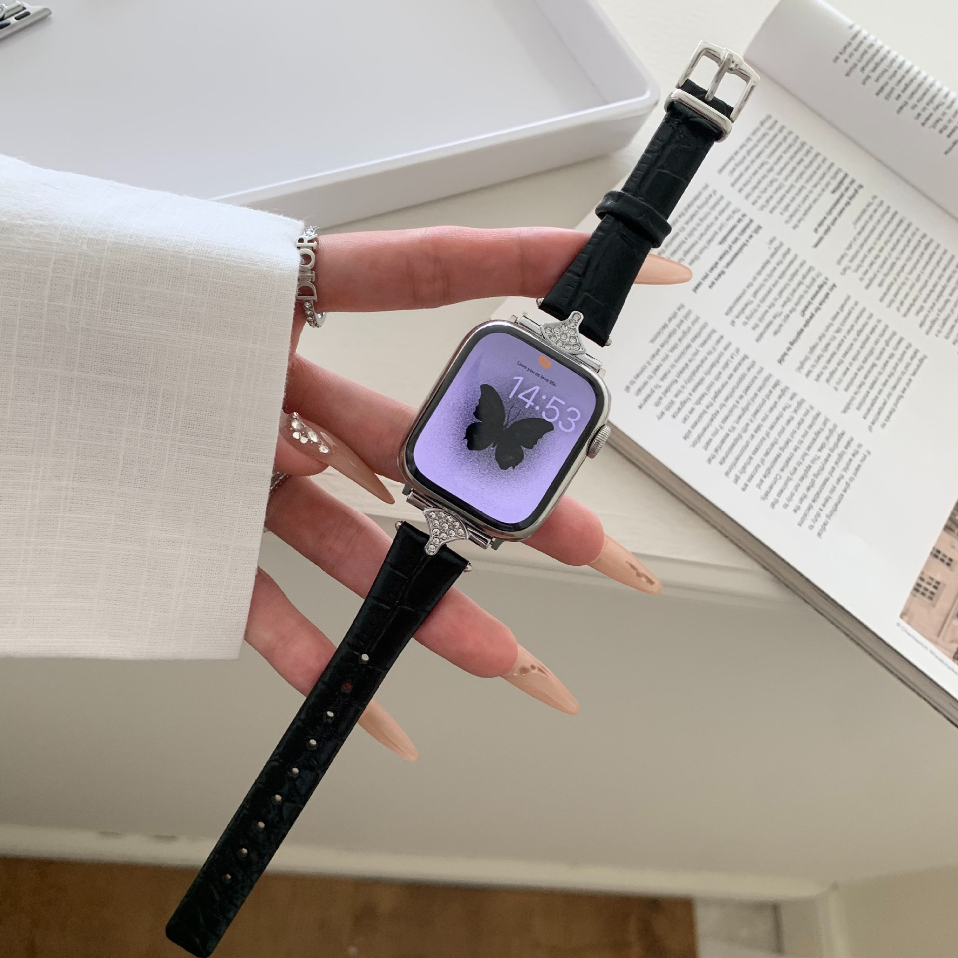 Sophia Leather Strap Black, Crystal Apple Watch Band for Women