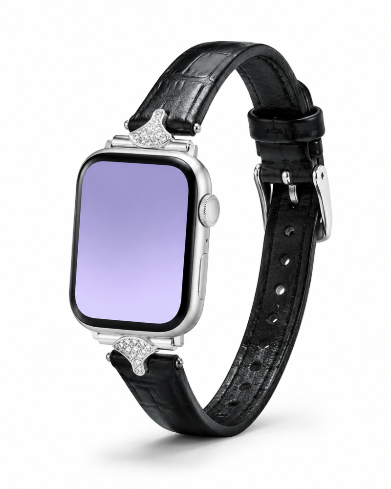 Apple Watch with black leather Sophia strap and crystal embellishments