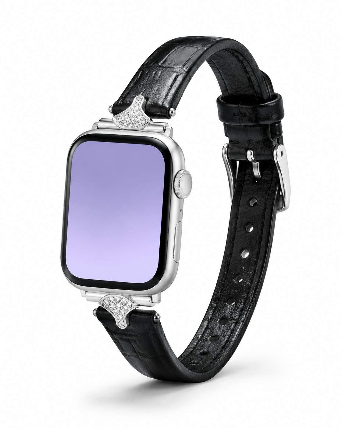Apple Watch with black leather Sophia strap and crystal embellishments