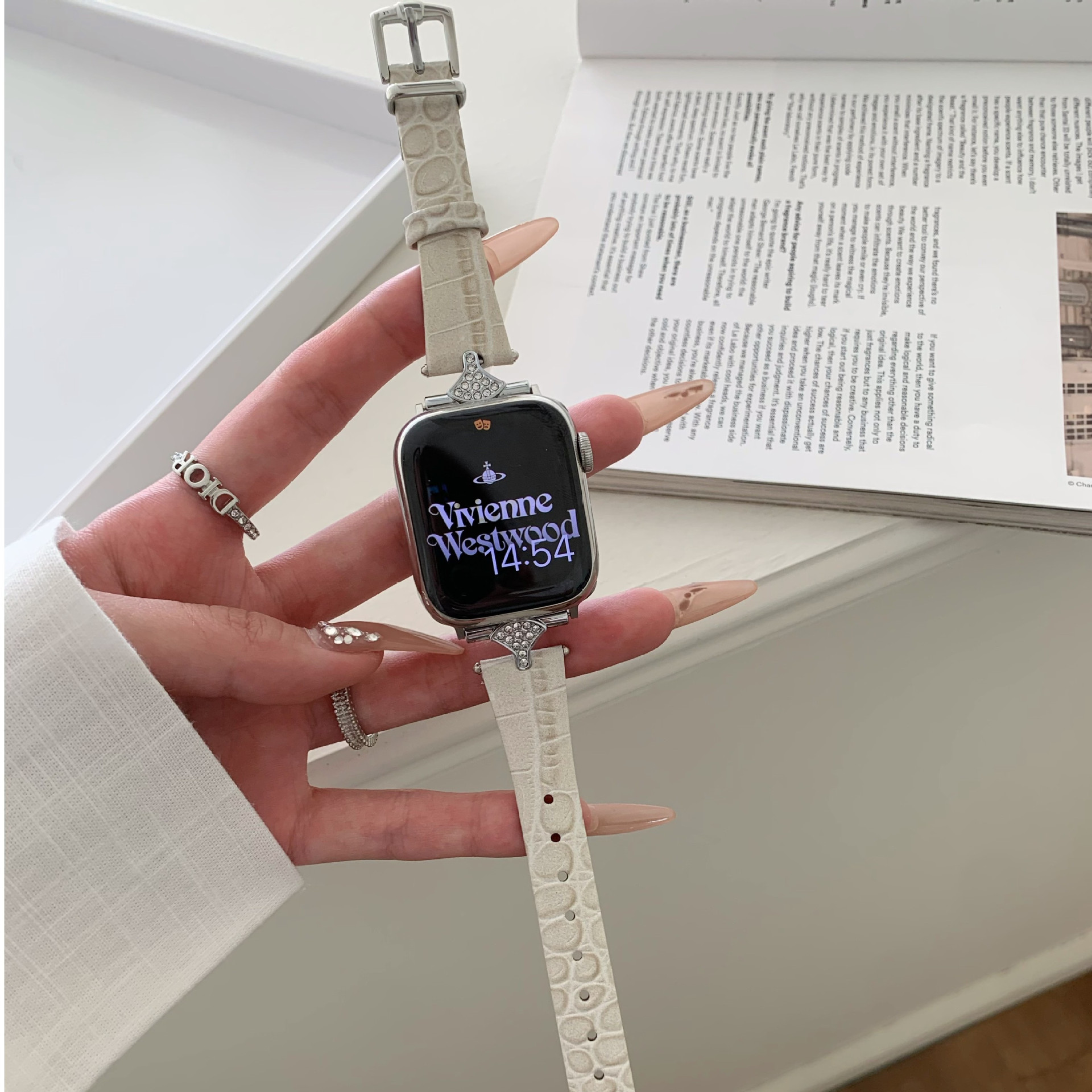 Sophia Leather Strap Cappuccino, Apple Watch Band with Crystal Buckle