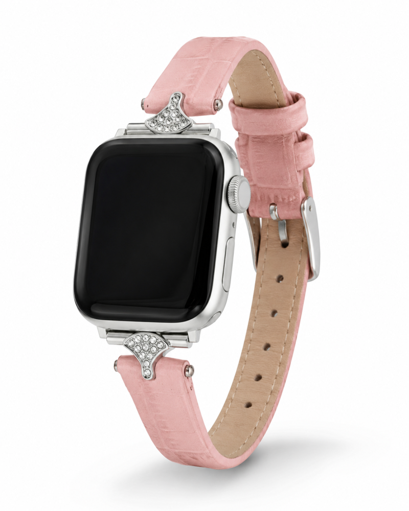 Apple Watch with pink leather strap and crystal embellished connectors