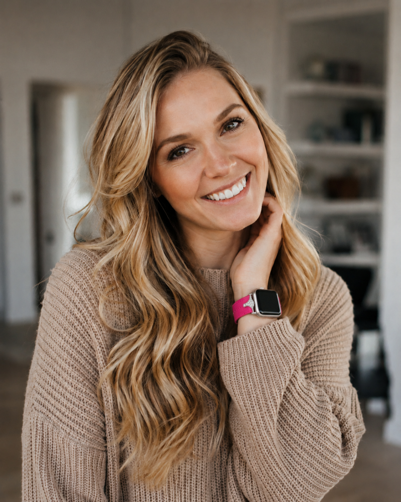Woman wearing Sophia Leather Strap in Crimson pink on smartwatch
