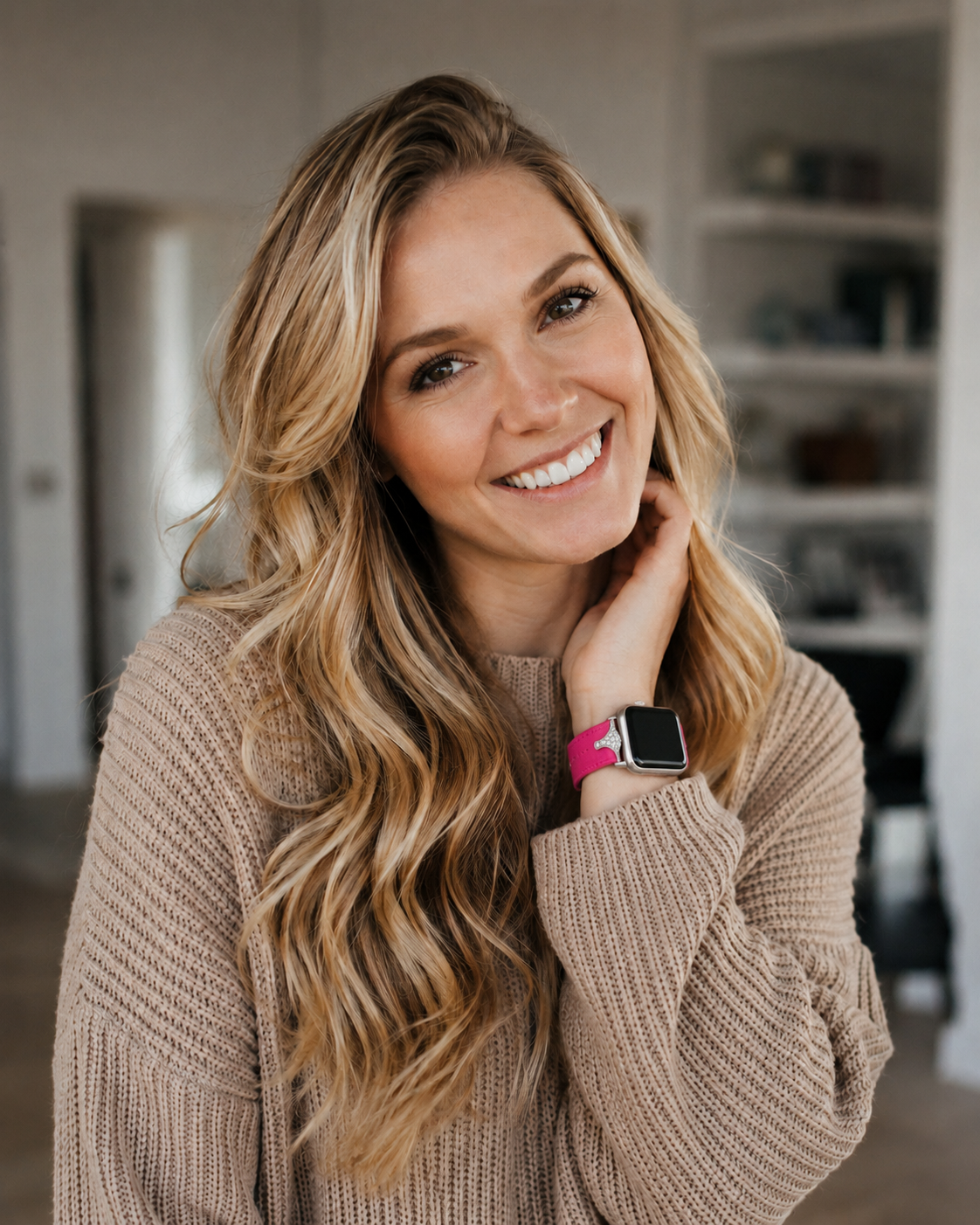 Woman wearing Sophia Leather Strap in Crimson pink on smartwatch