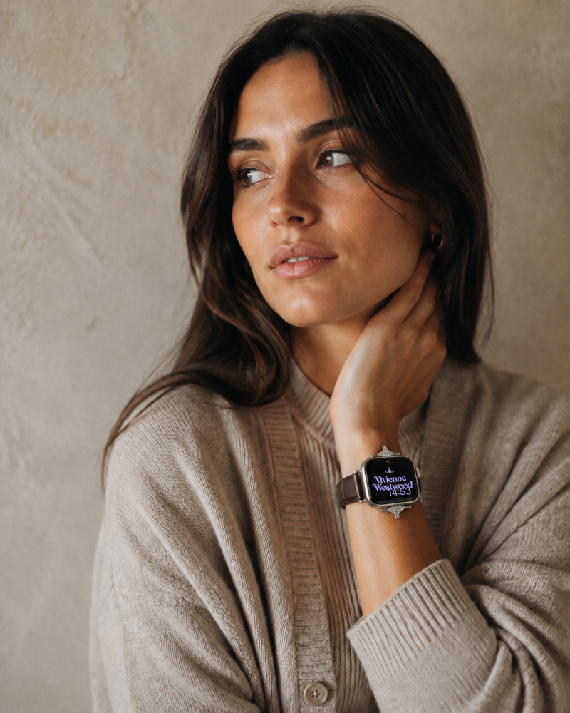 Woman wearing Sophia dark brown leather strap smartwatch on wrist
