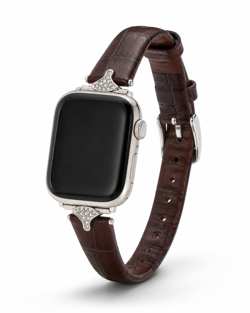 Apple Watch with dark brown crocodile leather strap and crystal ornaments