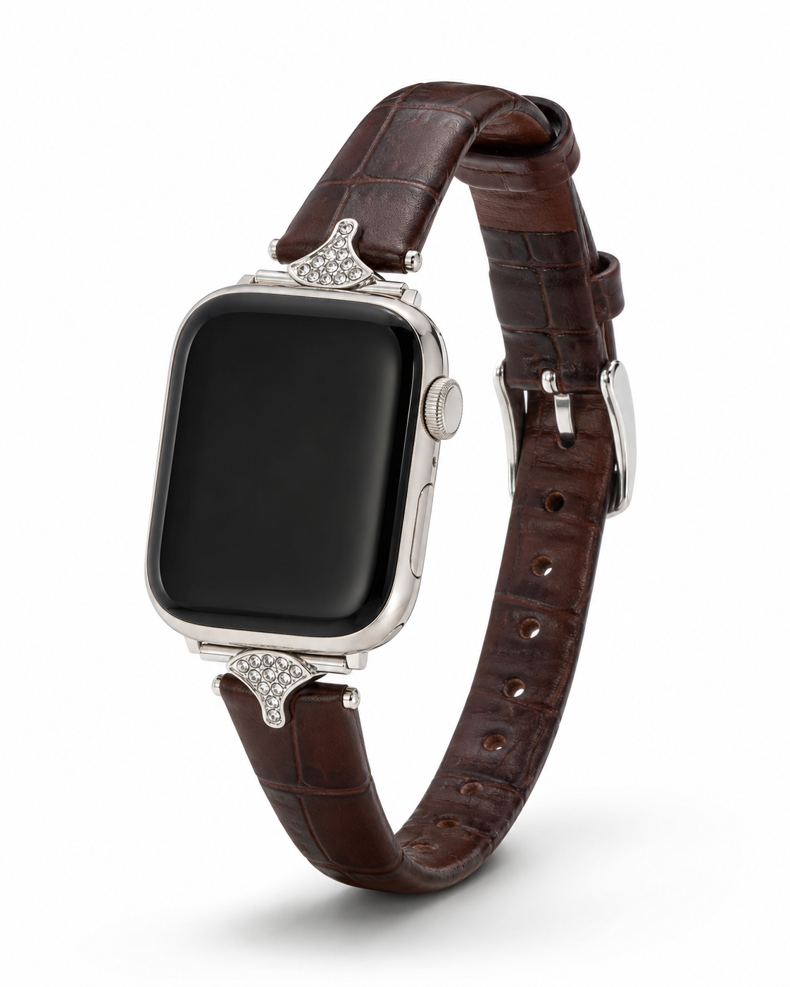 Apple Watch with dark brown crocodile leather strap and crystal ornaments