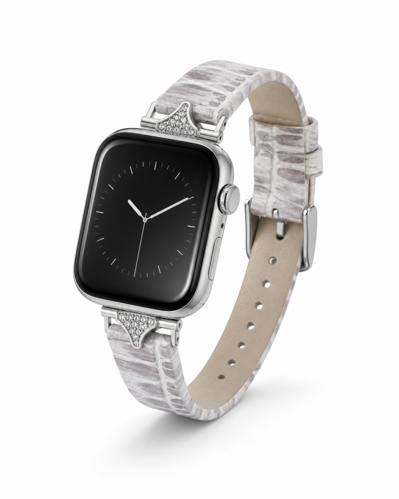 Apple Watch with gray leather Sophia strap and crystal embellishments