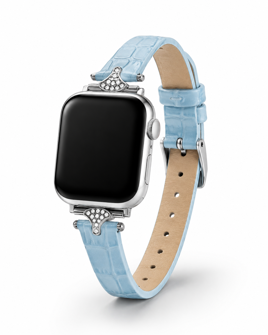 Apple Watch with light blue crocodile leather strap and diamond charm