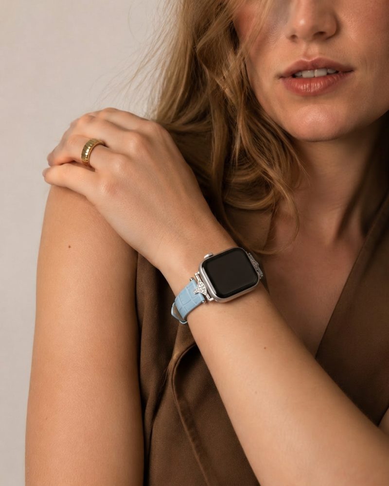 Model wearing Sophia Leather Strap – Lake Blue Apple Watch Band Apple Watch band