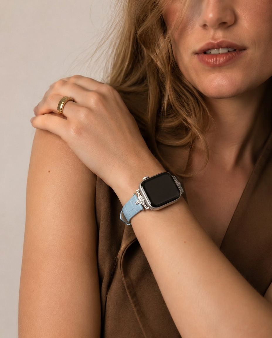 Model wearing Sophia Leather Strap – Lake Blue Apple Watch Band Apple Watch band