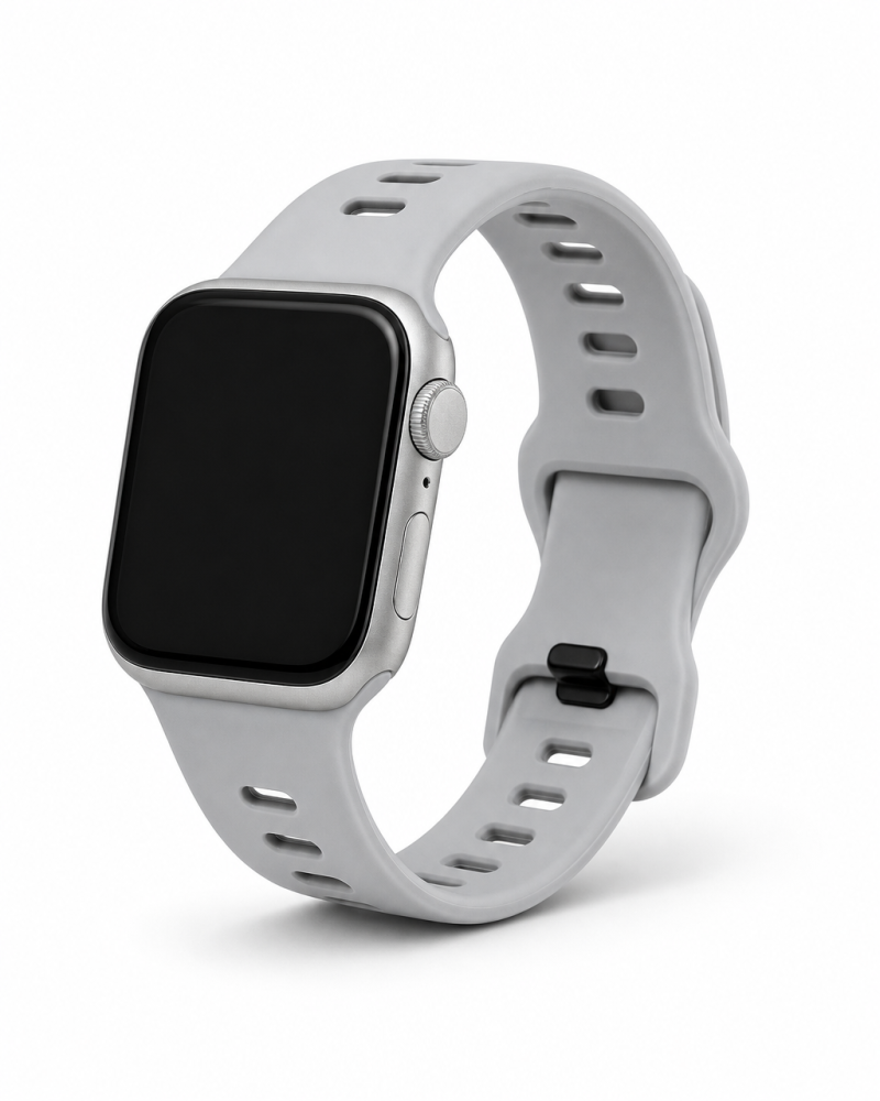 Apple Watch with light gray sport strap and silver aluminum case