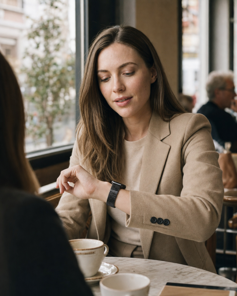 Woman wearing black metal magnetic Apple Watch band in beige blazer