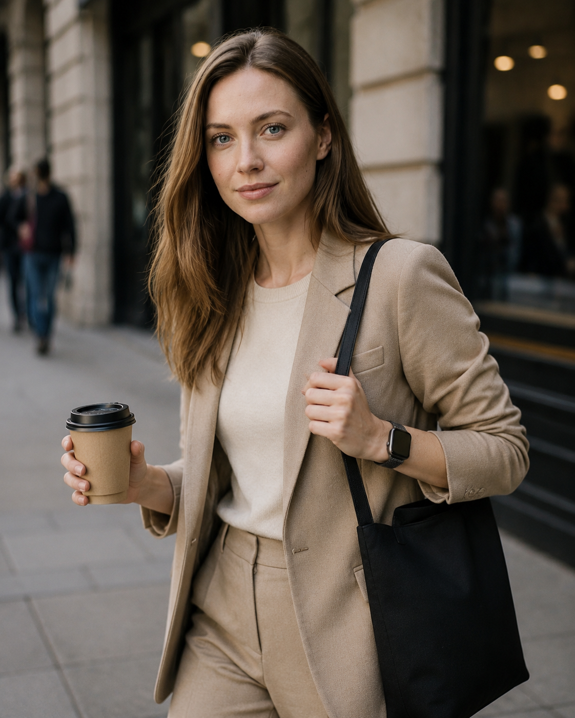 Woman wearing beige blazer holding coffee with black magnetic Apple Watch band