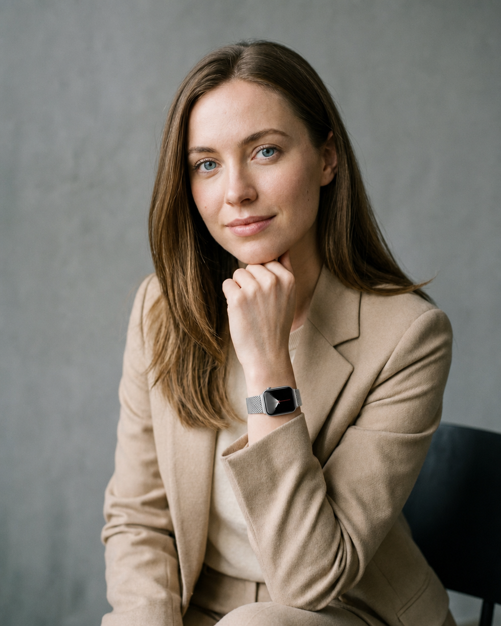 Woman wearing beige blazer displaying silver magnetic strap smartwatch