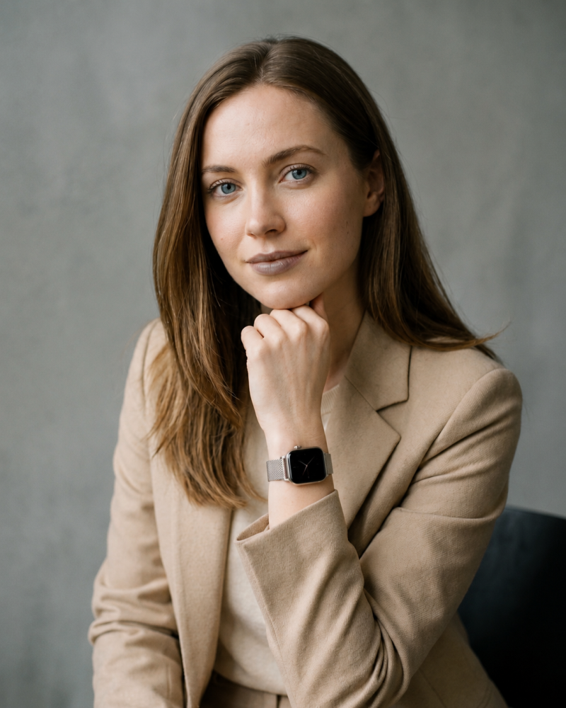 Woman wearing beige blazer with Zoe Magnetic Strap smartwatch Starlight