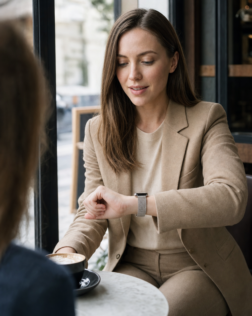 Woman wearing beige blazer checking starlight magnetic strap smartwatch