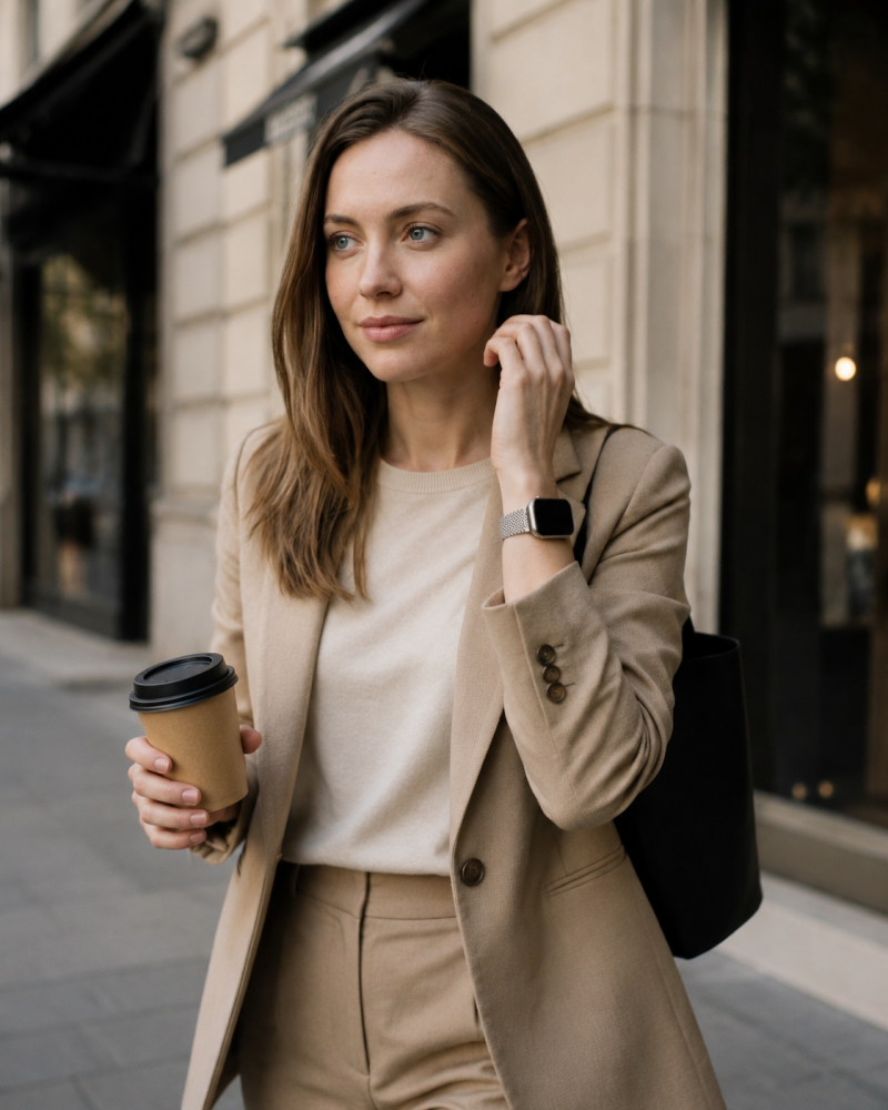 Woman wearing Zoe Magnetic Strap Starlight smartwatch on urban street