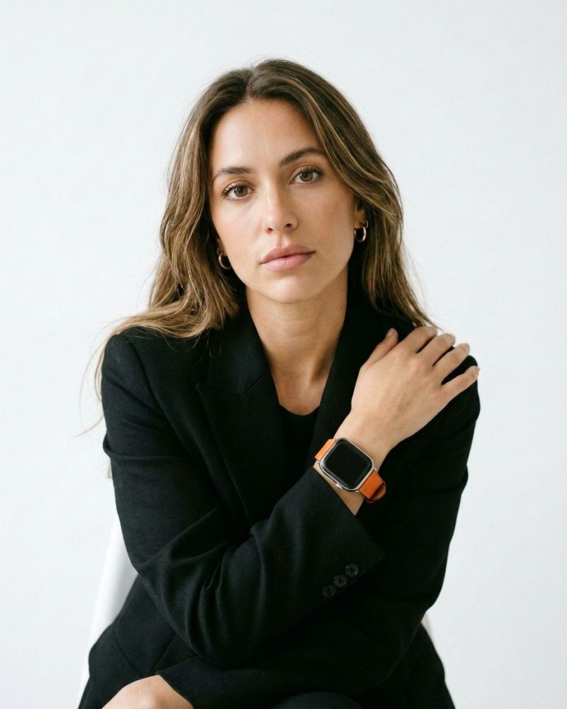 Leather Buckle Classic – Orange worn by a model