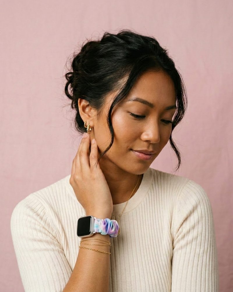 Satin Scrunchie Strap – Purple Blue worn by a model