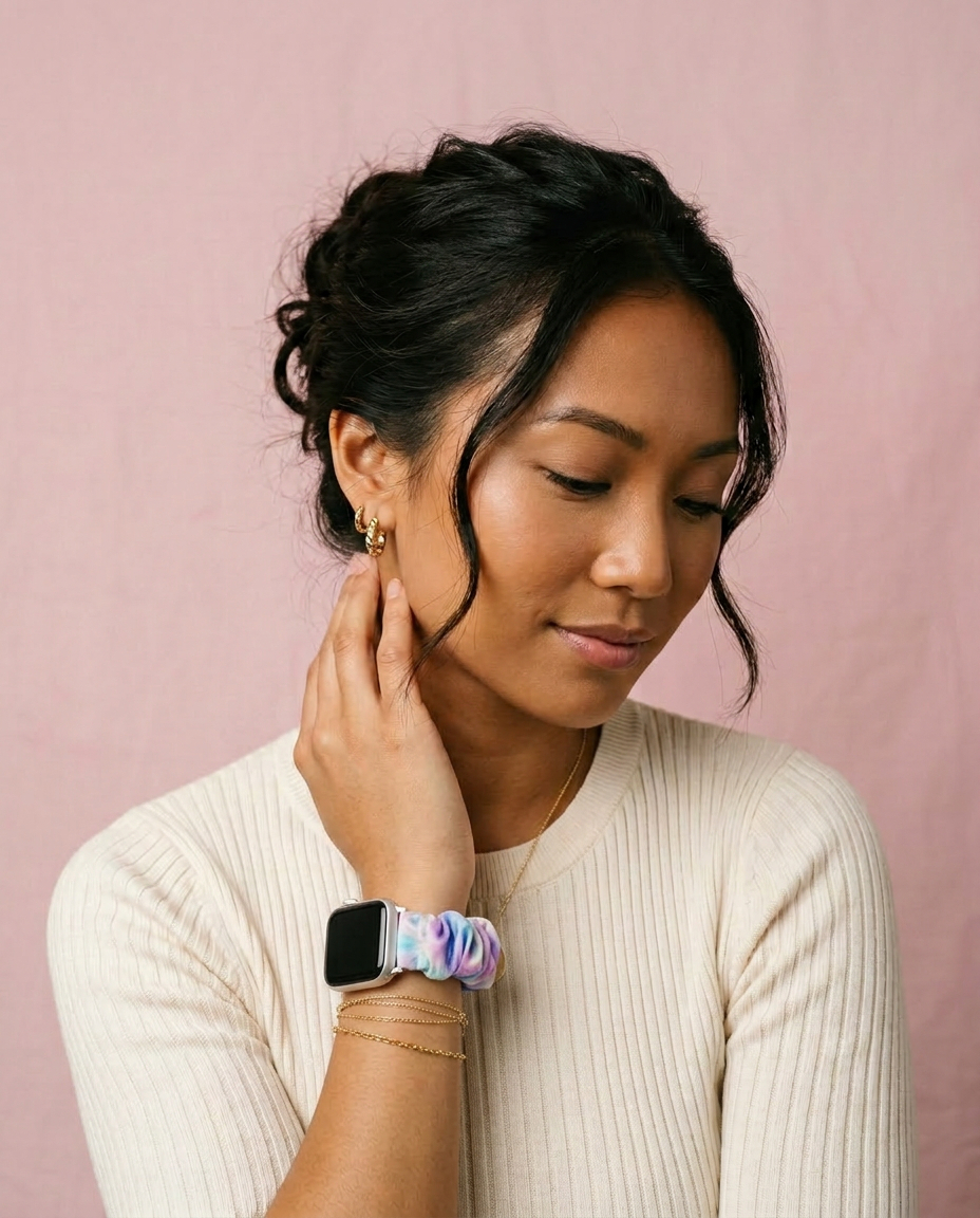 Satin Scrunchie Strap – Purple Blue worn by a model