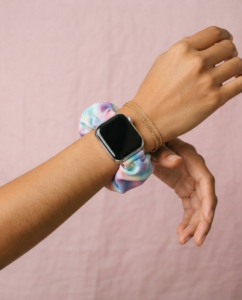 Satin Scrunchie Strap – Purple Blue worn by a model