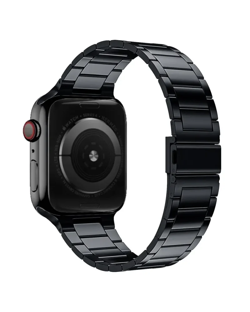 Black stainless steel smartwatch band with metal link design and red crown