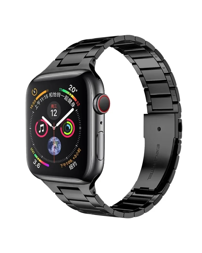 Black stainless steel smartwatch with colorful digital display and metal band