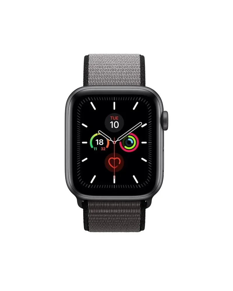 Black smartwatch with gray fabric sport loop band and activity rings display