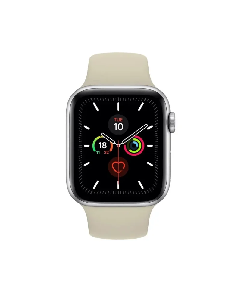 Smartwatch with antique white sport band and black display showing fitness rings