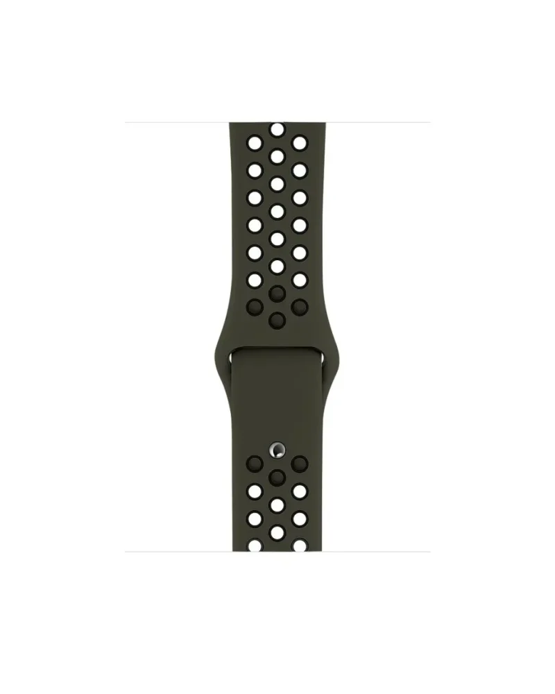 Army green perforated sport watch band with black accents and holes