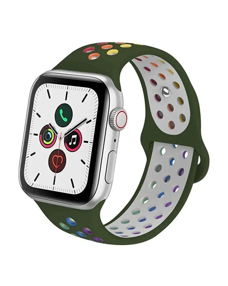 Green sport band smartwatch with colorful rainbow pride dot design pattern