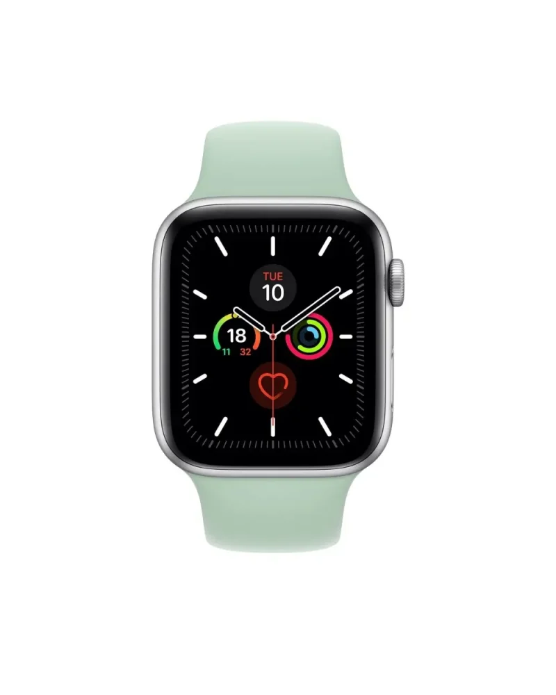 Silver smartwatch with mint green sport band displaying health metrics