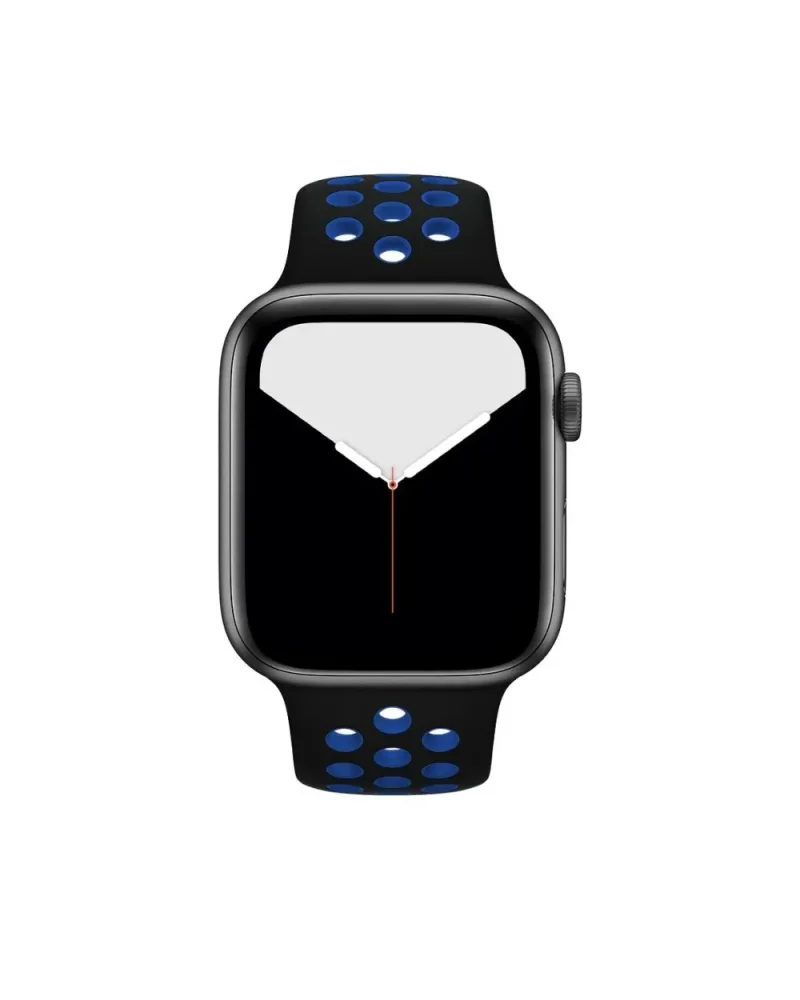 Black smartwatch with blue perforated sport band and minimalist watch face display