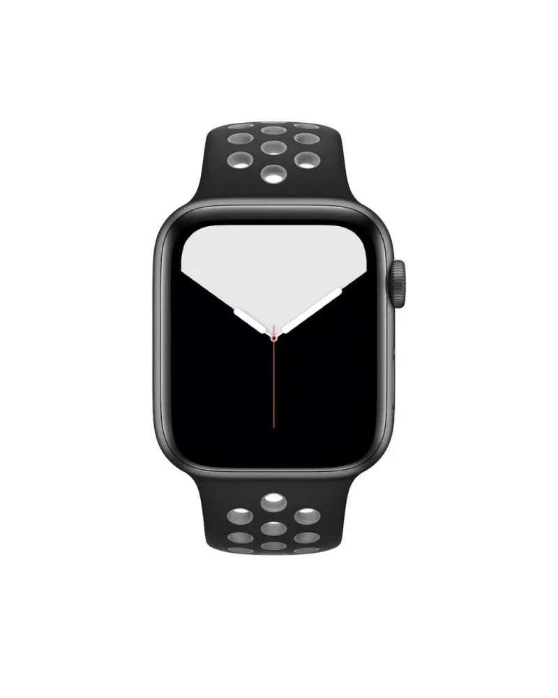 Black sport smartwatch with perforated grey band and digital display