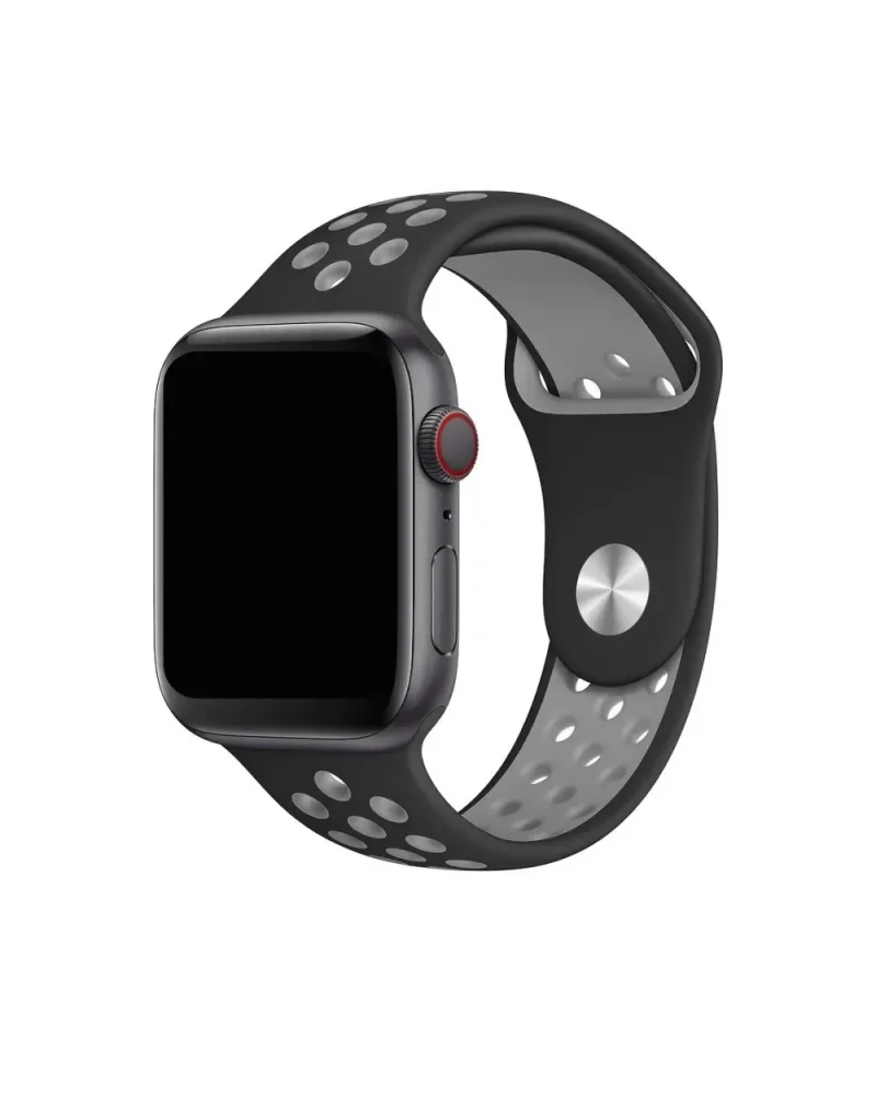 Black and grey sport smartwatch band with ventilation holes and breathable design