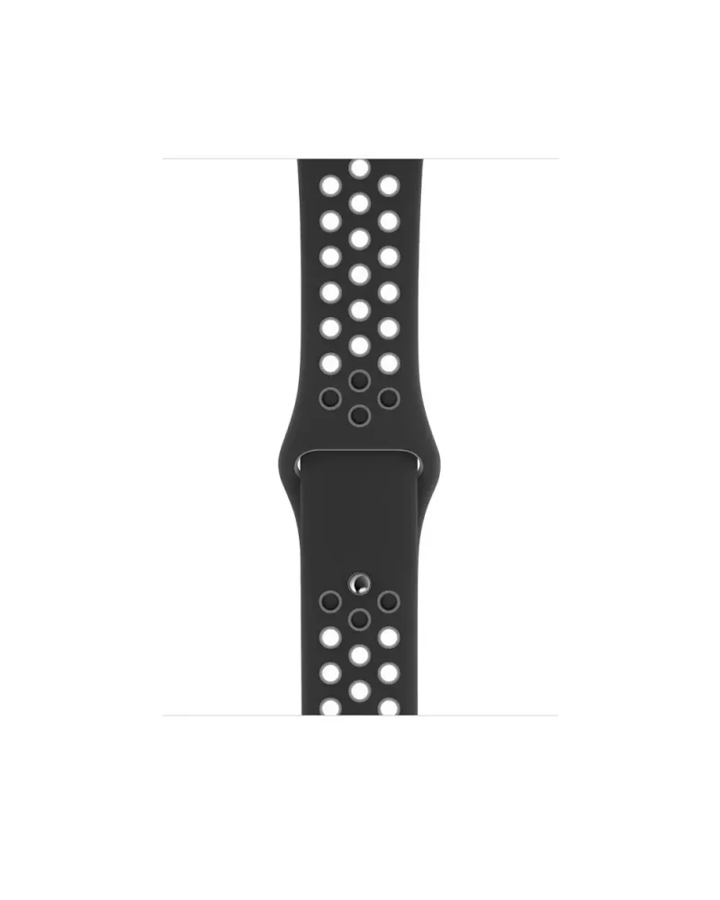 Black sport watch band with white perforated holes and gray accents
