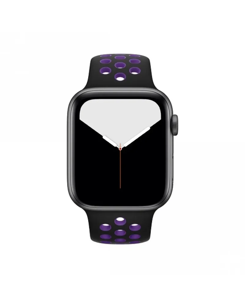 Black smartwatch with purple perforated sport band and digital display