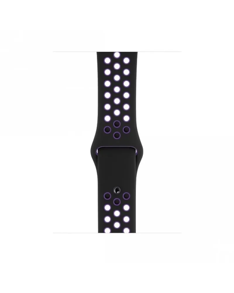 Black sport watch band with purple perforated holes and purple accents