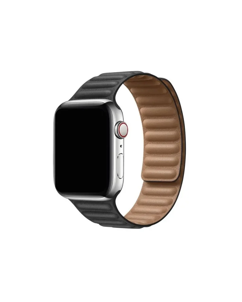 Apple Watch leather link band in black and tan quilted leather
