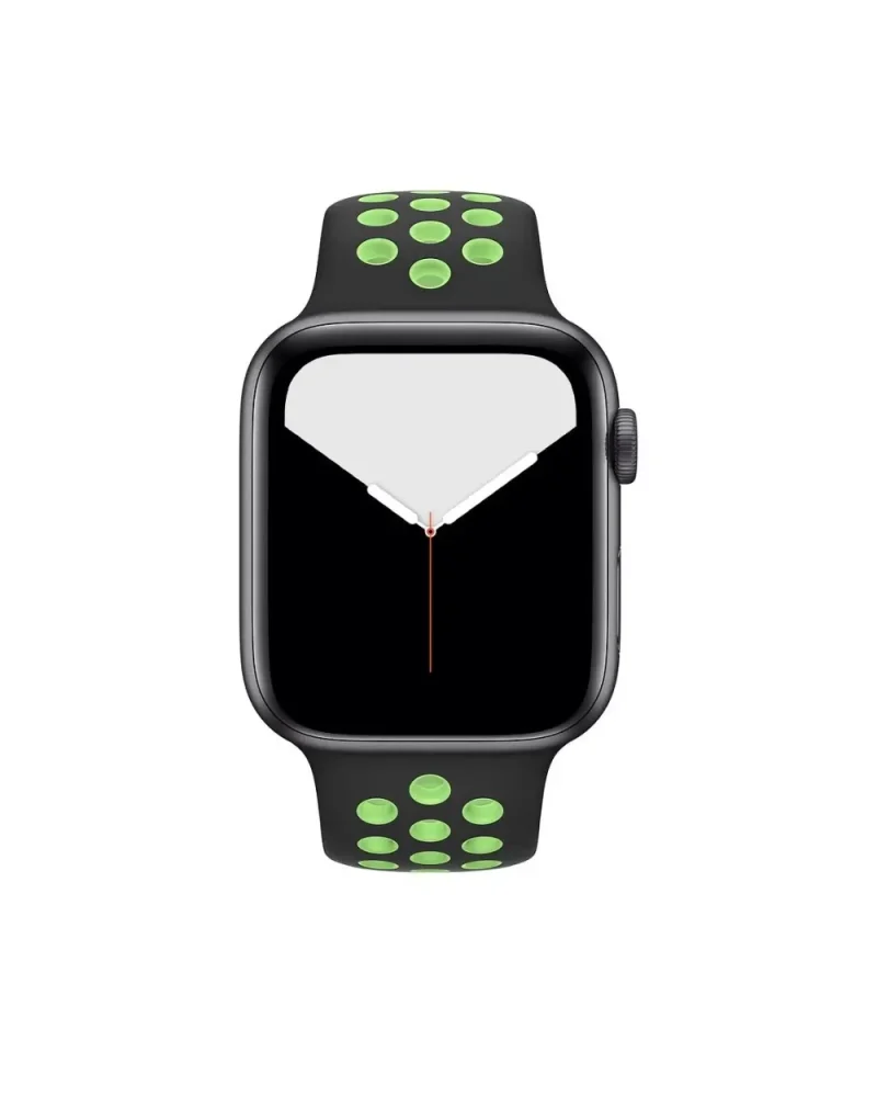 Black smartwatch with lime green sport band and digital display