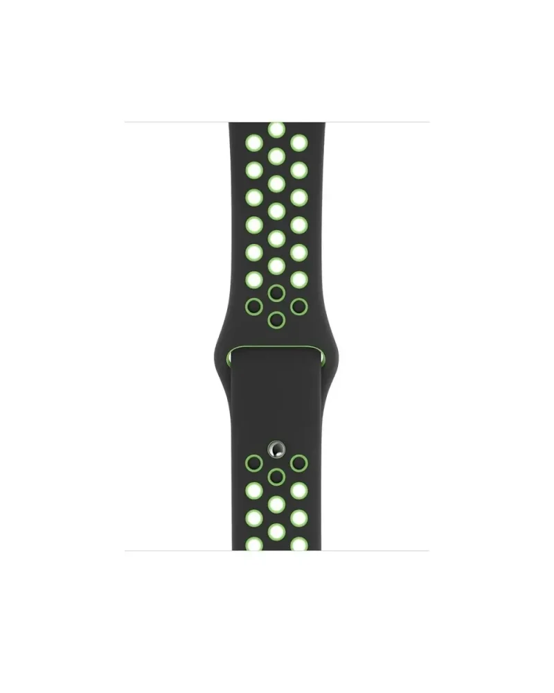 Black sport watch band with lime green perforated holes and accents