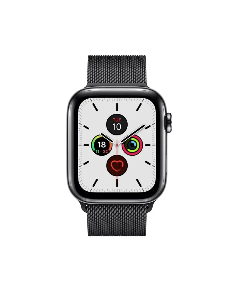 Black stainless steel smartwatch with Milanese loop mesh band and digital display