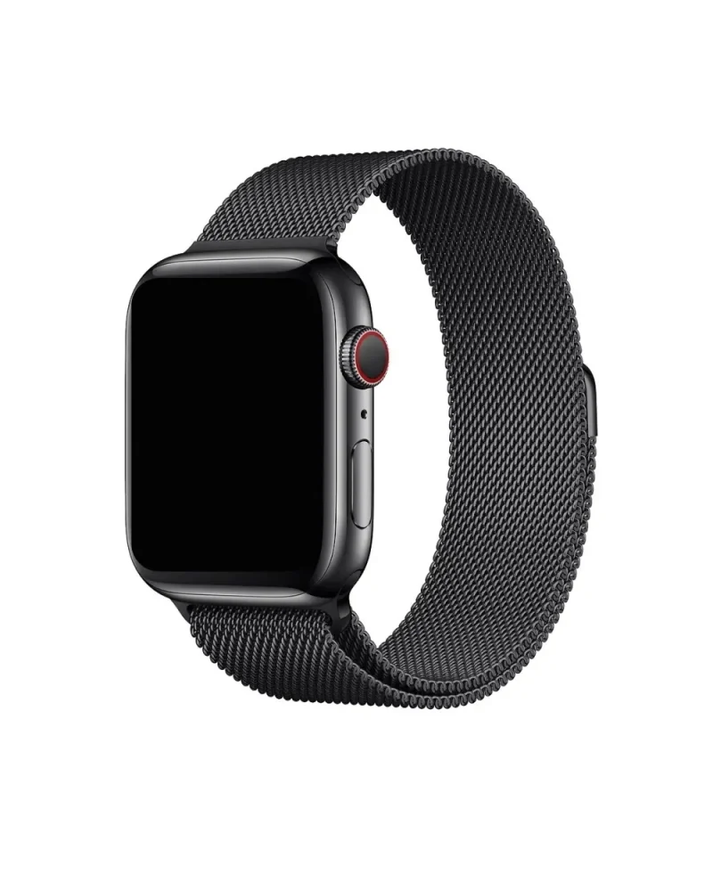 Black stainless steel smartwatch with milanese loop mesh band