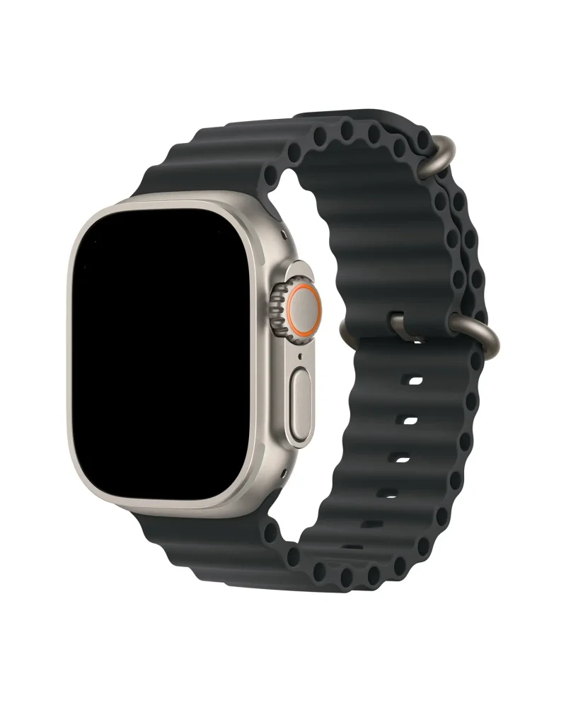 Black ocean band with titanium case smartwatch, featuring orange digital crown button