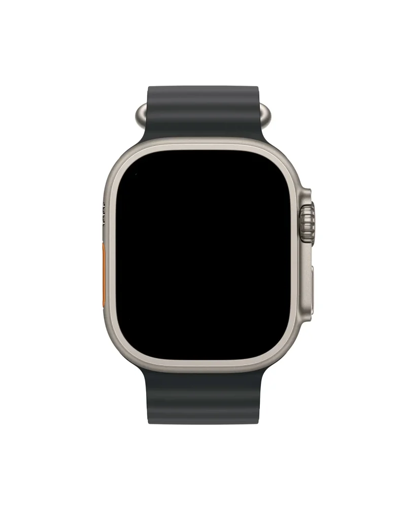 Titanium smartwatch with black sport band and orange accent